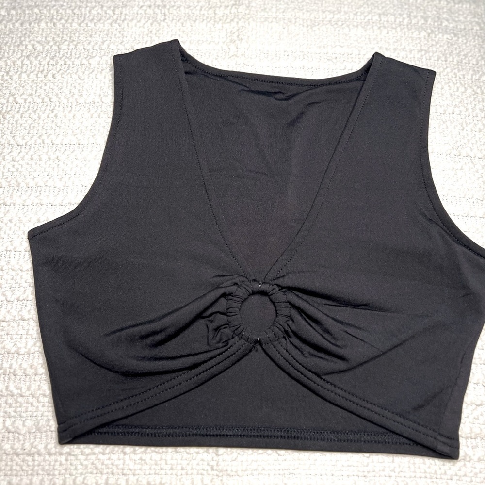 Black open front crop top with ring